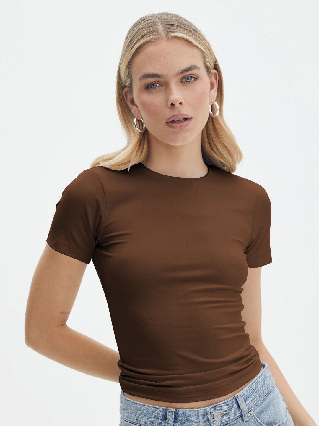 

StyleCast Women Solid Round Neck Nylon Top, Brown
