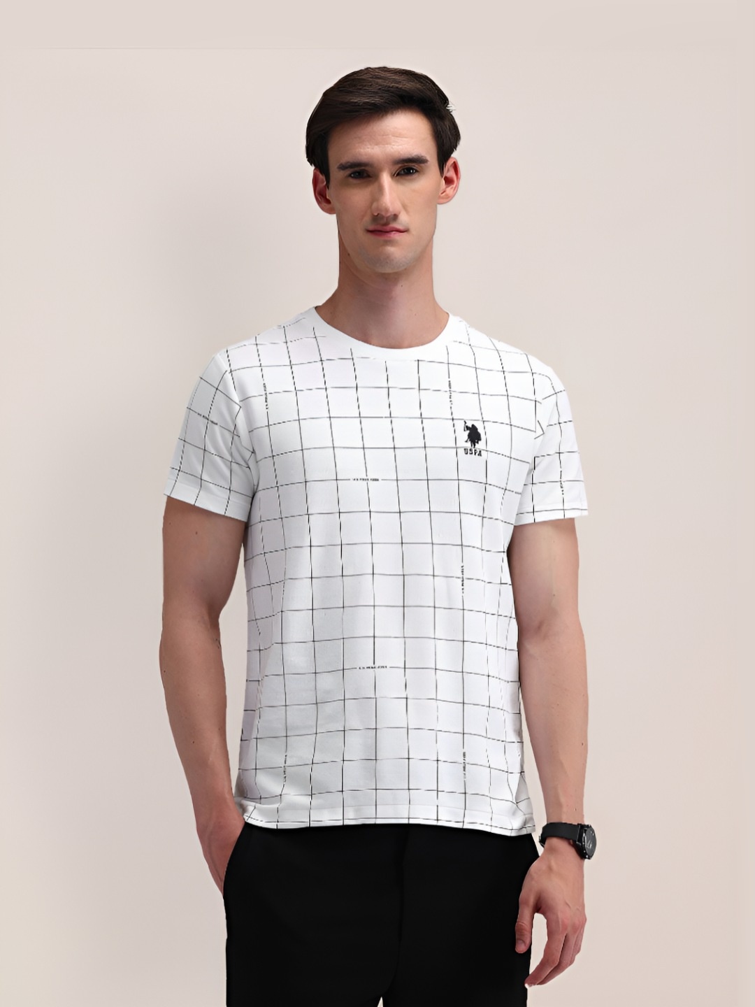 

U.S. Polo Assn. Men Checked Round Neck Cotton Slim Fit T-Shirt, White