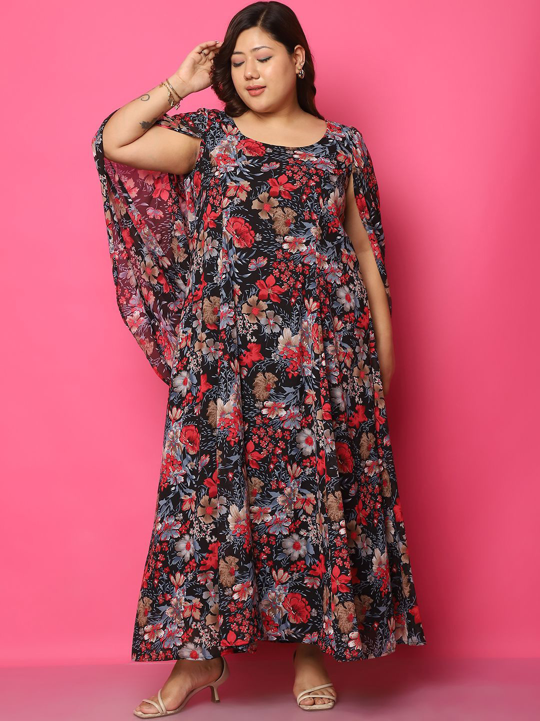 

theRebelinme Plus Size Floral Printed Georgette A-Line Maxi Dress, Black