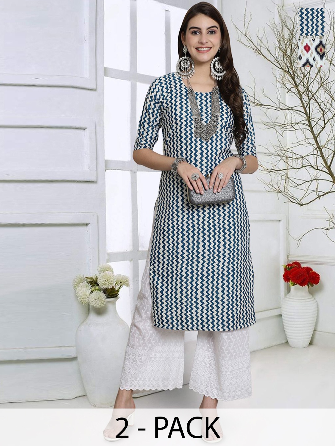 

7Threads Selection Of 2 Chevron Printed Round Neck Straight Kurta, Blue