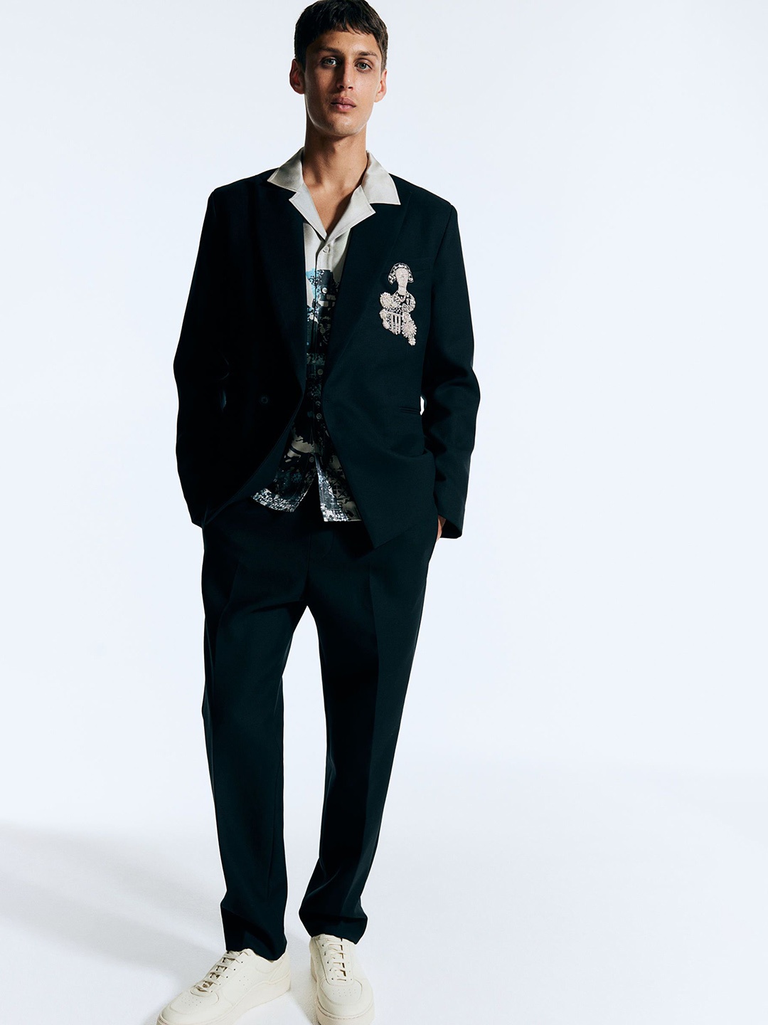 

H&M Embroidered Wool Blazer, Black