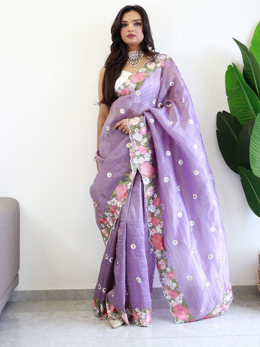 

Anouk Floral Embroidered Silk Blend Saree, Lavender