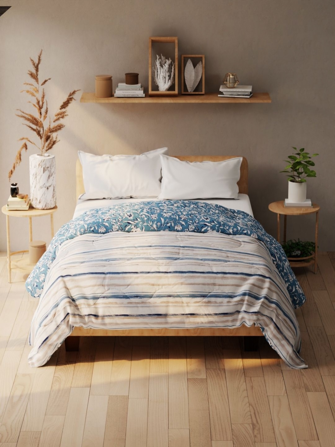 

KOPA White & Blue Striped 120 GSM Microfiber AC Room Double Bed Comforter