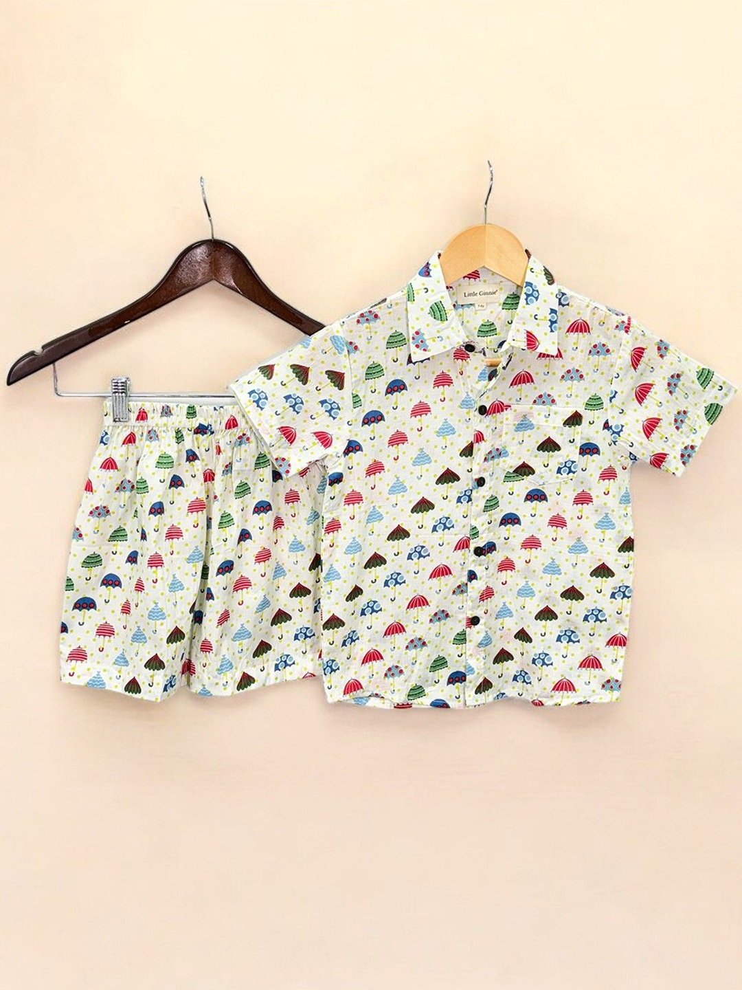 

LITTLE GINNIE Kids Printed Pure Cotton Shirt with Shorts, White