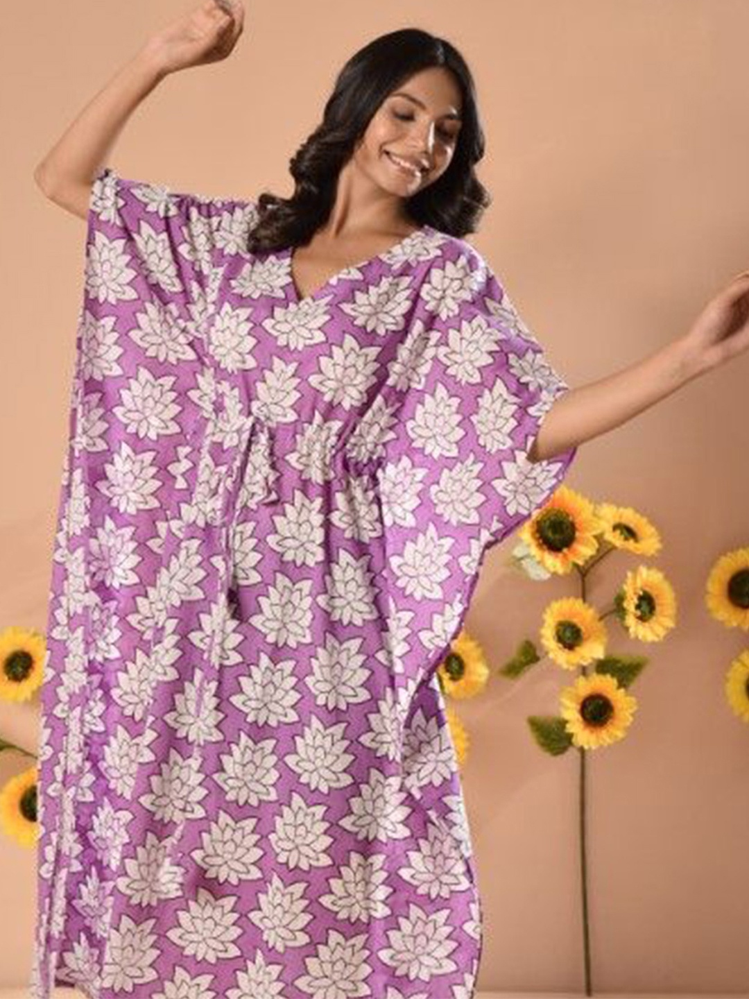 

DIMPLE DESIGN STUDIO Floral Printed Pure Cotton Kimono Sleeves Kaftan Midi Dress, Lavender