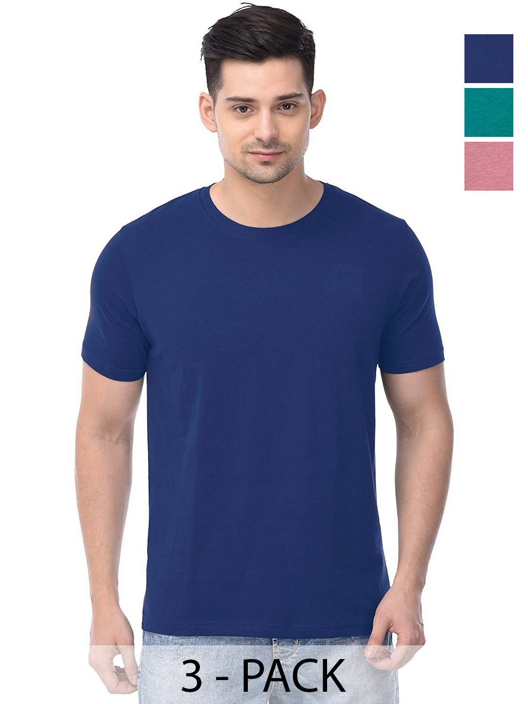 

COLOR CAPITAL Unisex Pack Of 3 Solid Pure Cotton T-shirts, Navy blue