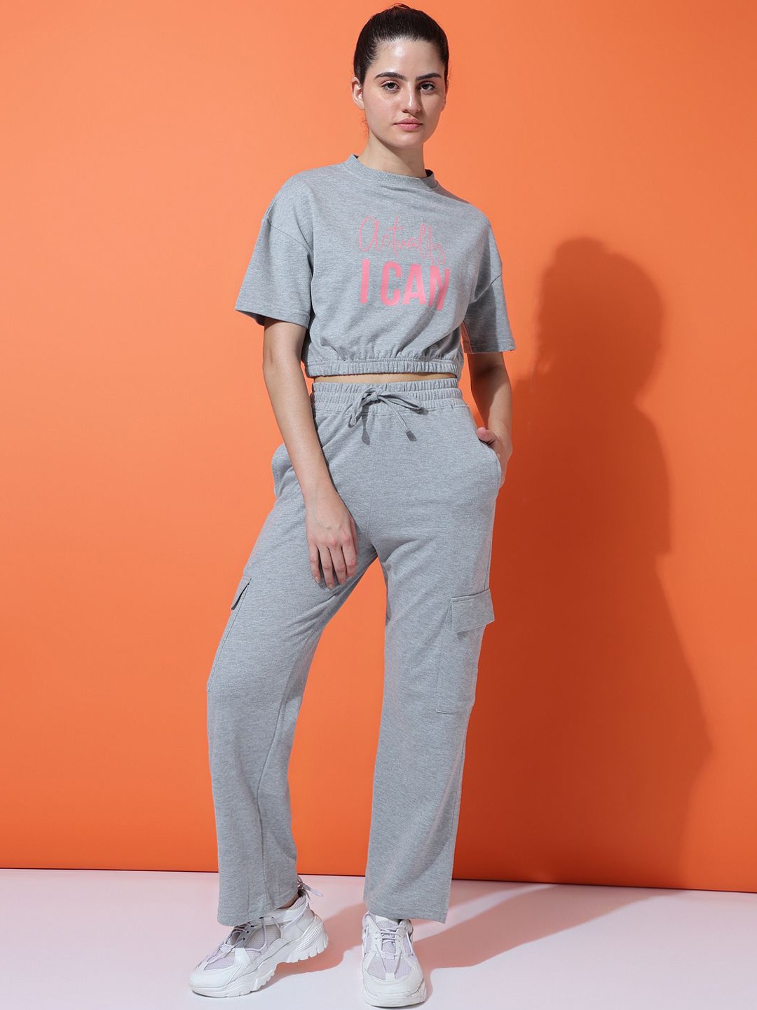 

MKH Typography Printed Round Neck T-shirt With Jogger, Grey