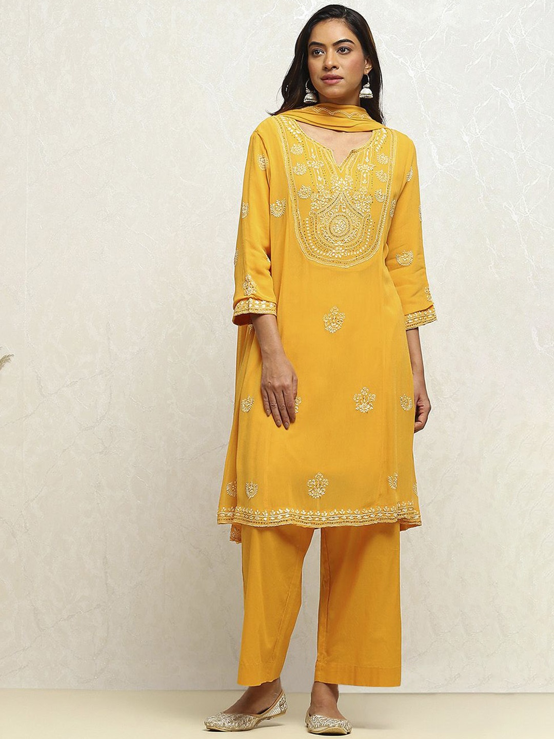 

Biba Ethnic Motifs Embroidered Regular Thread Work Straight Kurta with Palazzos & Dupatta, Yellow