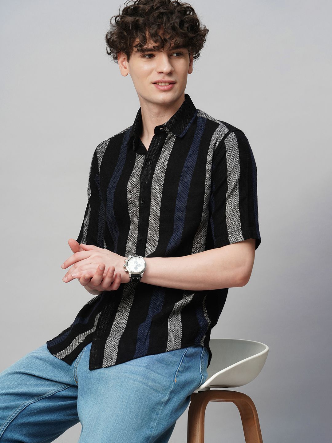 

TRYBUY.IN Men Comfort Spread Collar Striped Cotton Party Shirt, Grey