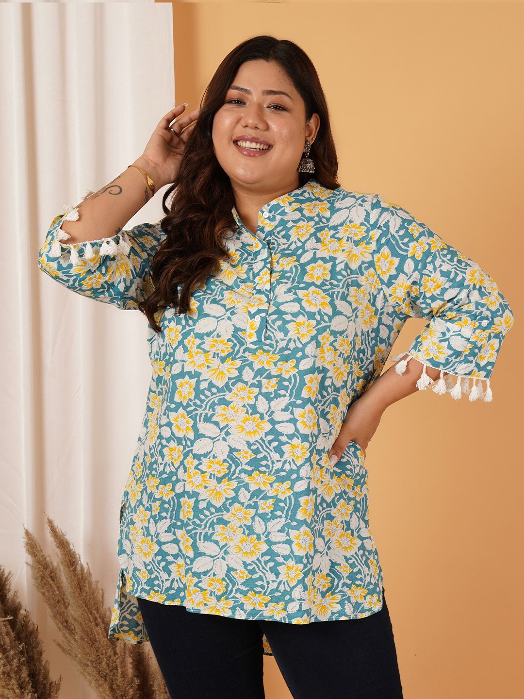 

MOOBA Floral Print Mandarin Collar Cotton Top, Green