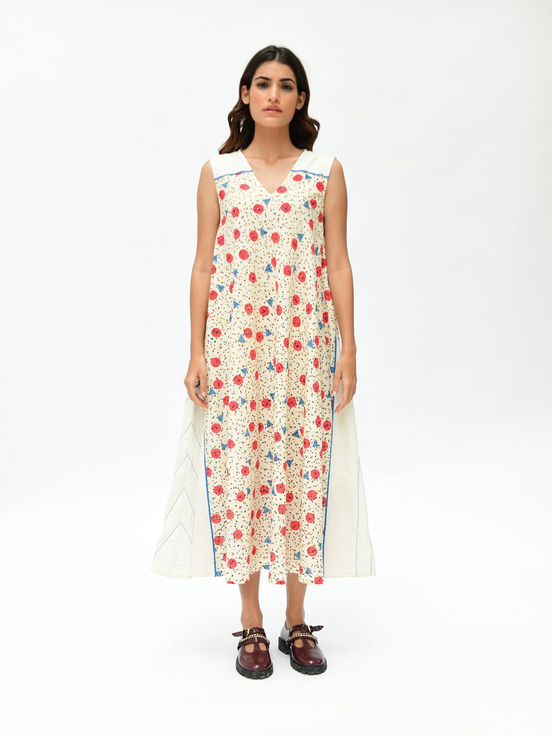 

Rias Jaipur Polka Dot Colourblocked A-Line Maxi Dress, Beige