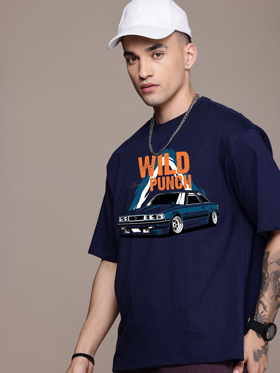 

The Roadster Lifestyle Co. Men Graphic Printed Round Neck Cotton Oversized T-Shirt, Navy blue