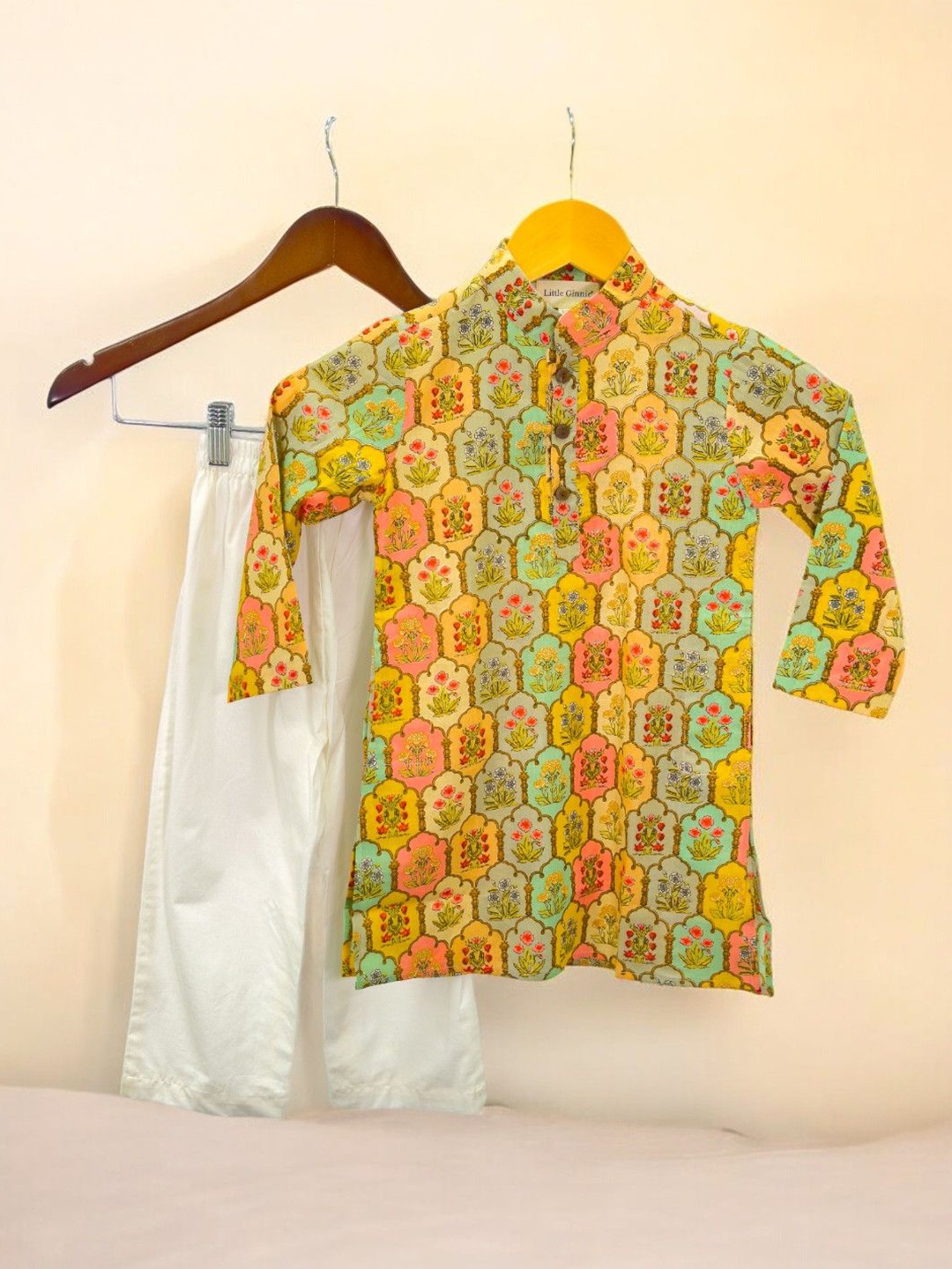 

LITTLE GINNIE Kids Embroidered Pure Cotton Kurta Set, Gold
