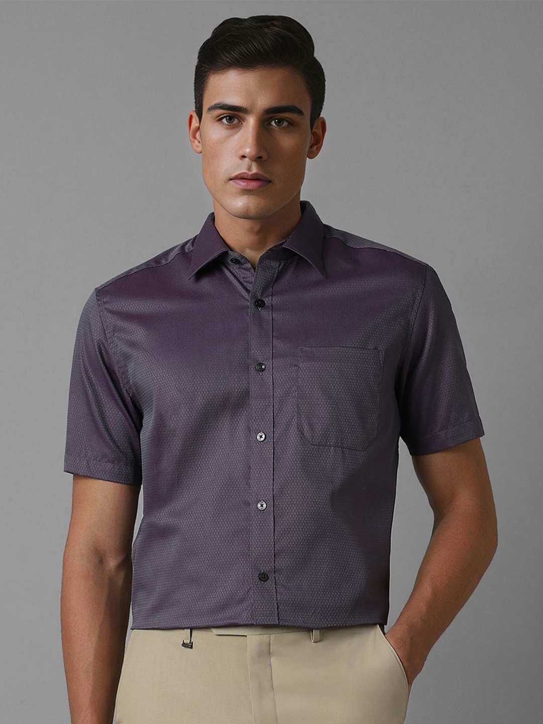 

Louis Philippe Men Spread Collar Solid Cotton Formal Shirt, Purple