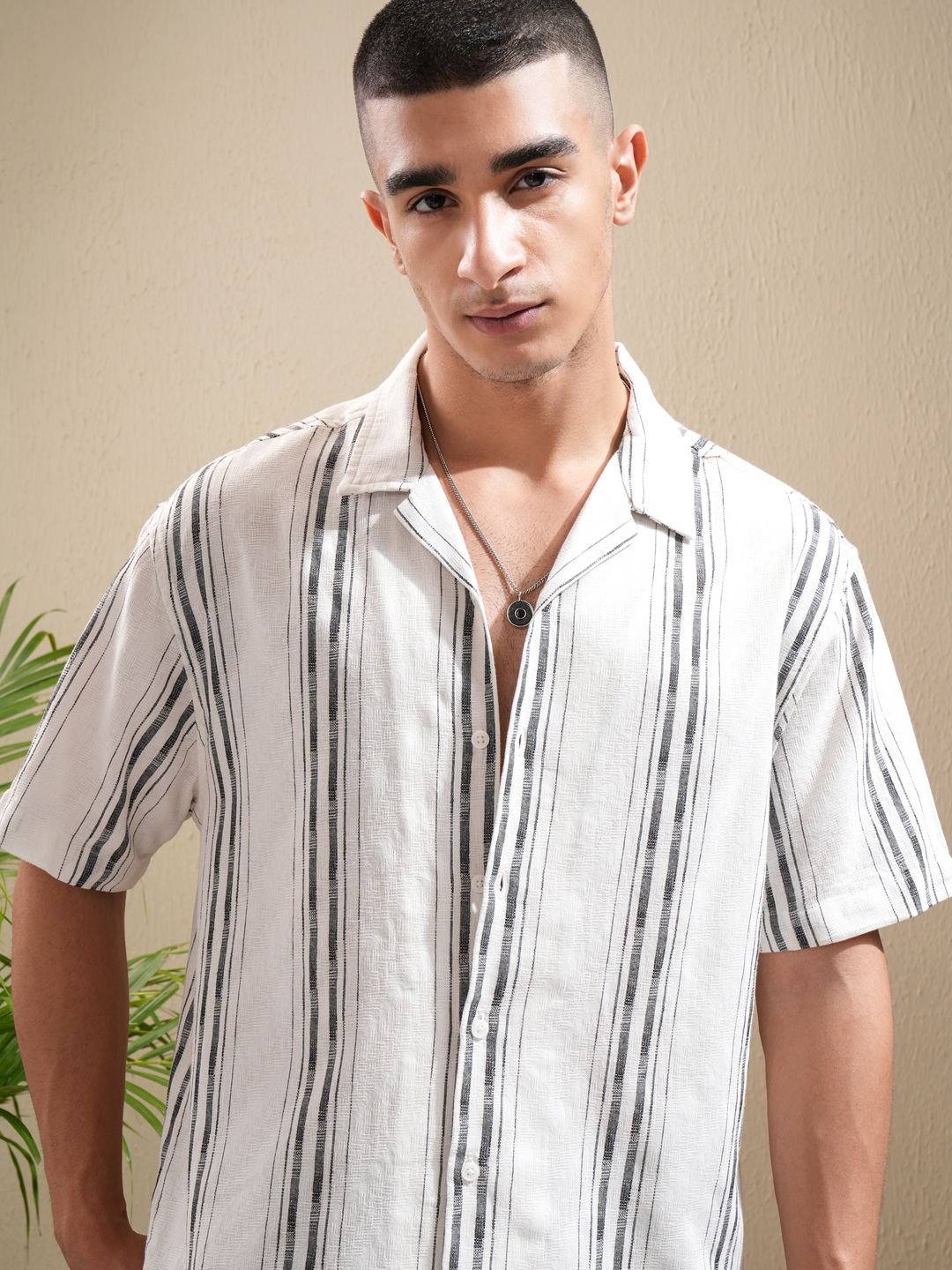 

Highlander Men Off White Dobby Textured Striped Cuban Collar Relaxed Shirt