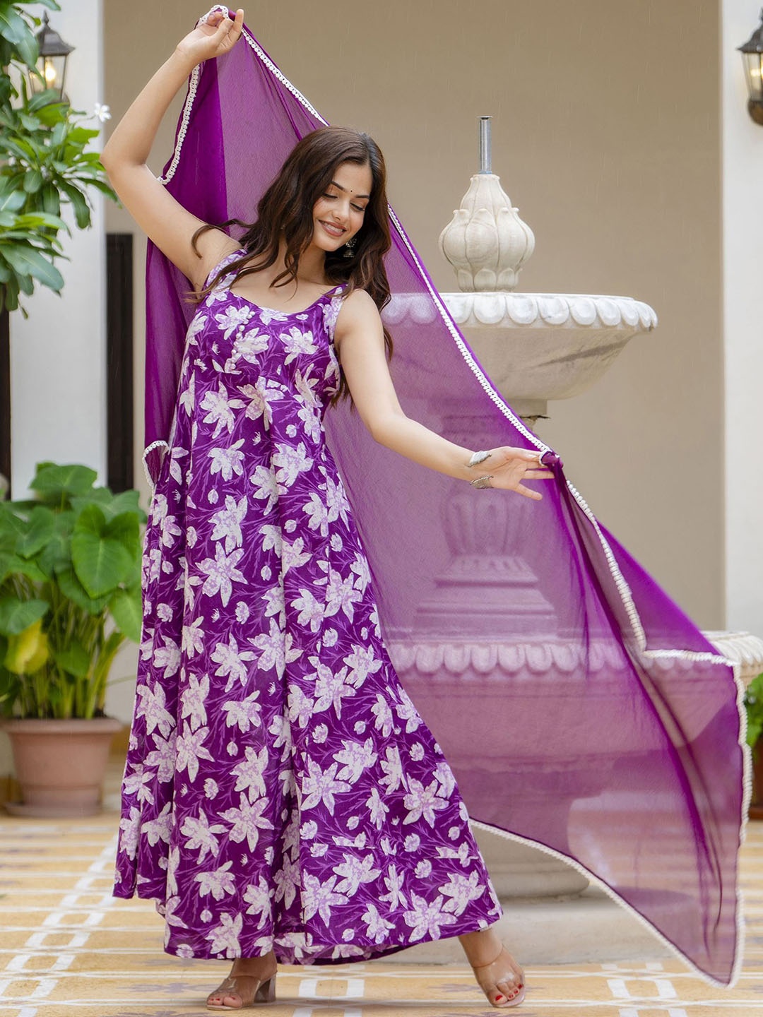 

Anouk Floral Printed Sleeveless Cotton Anarkali Kurta With Duppatta, Purple
