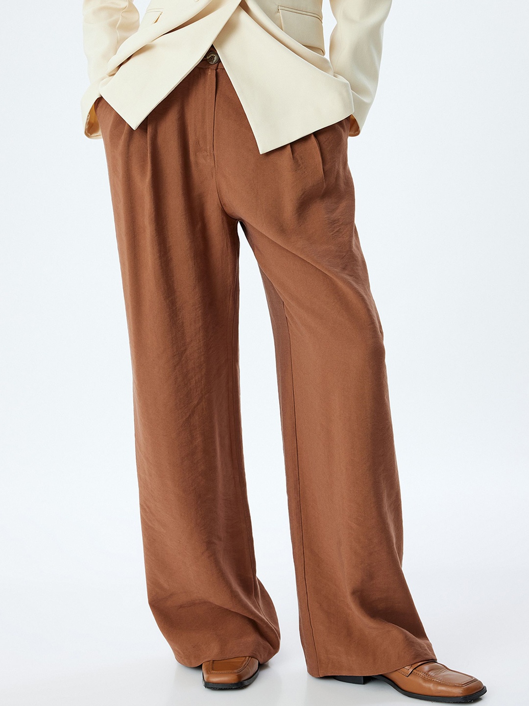 

Koton Women Straight Fit Pleated Trousers, Brown