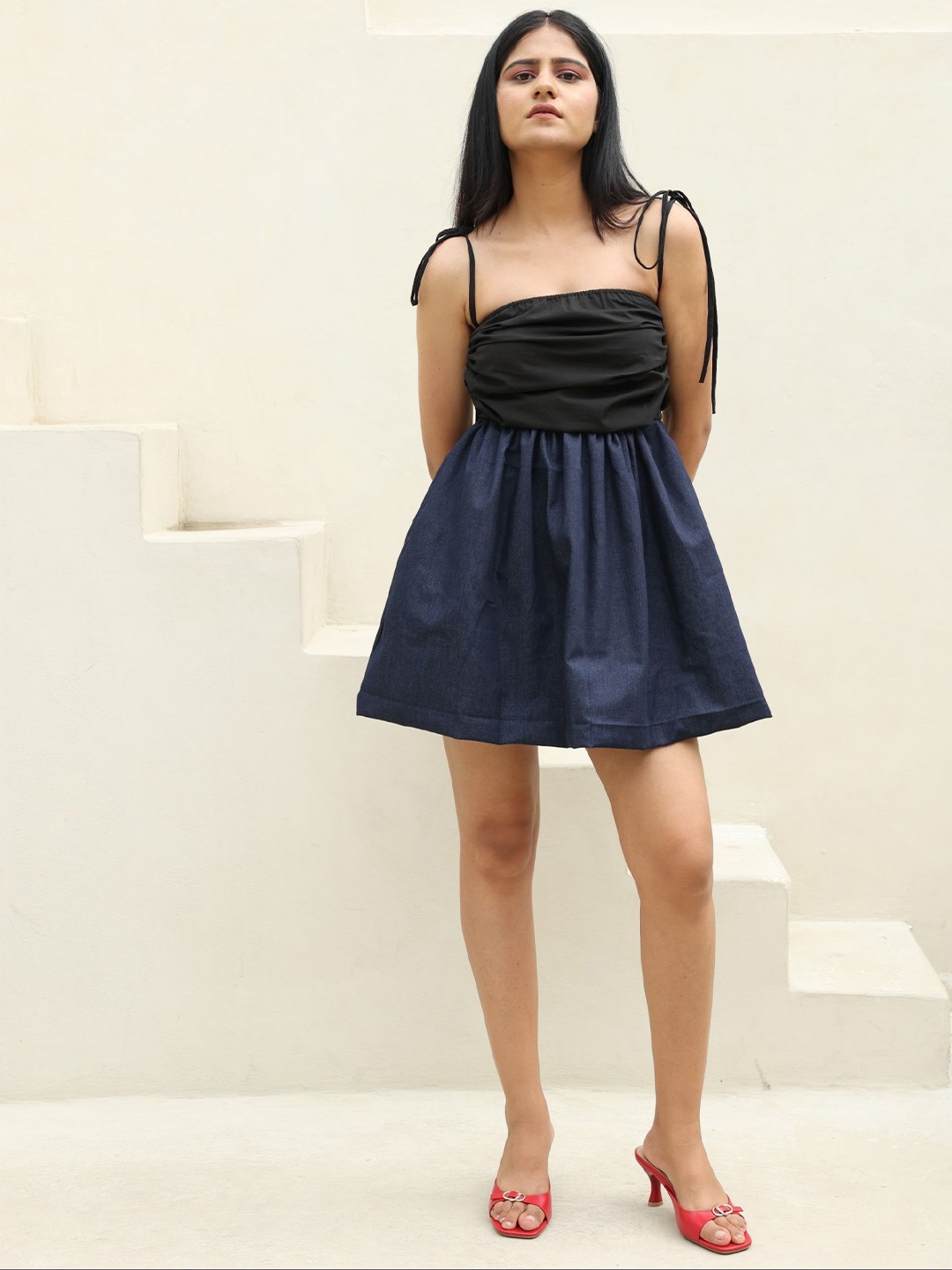 

RadhaRaman Shoulder Straps Cotton Fit & Flare Mini Dress, Navy blue