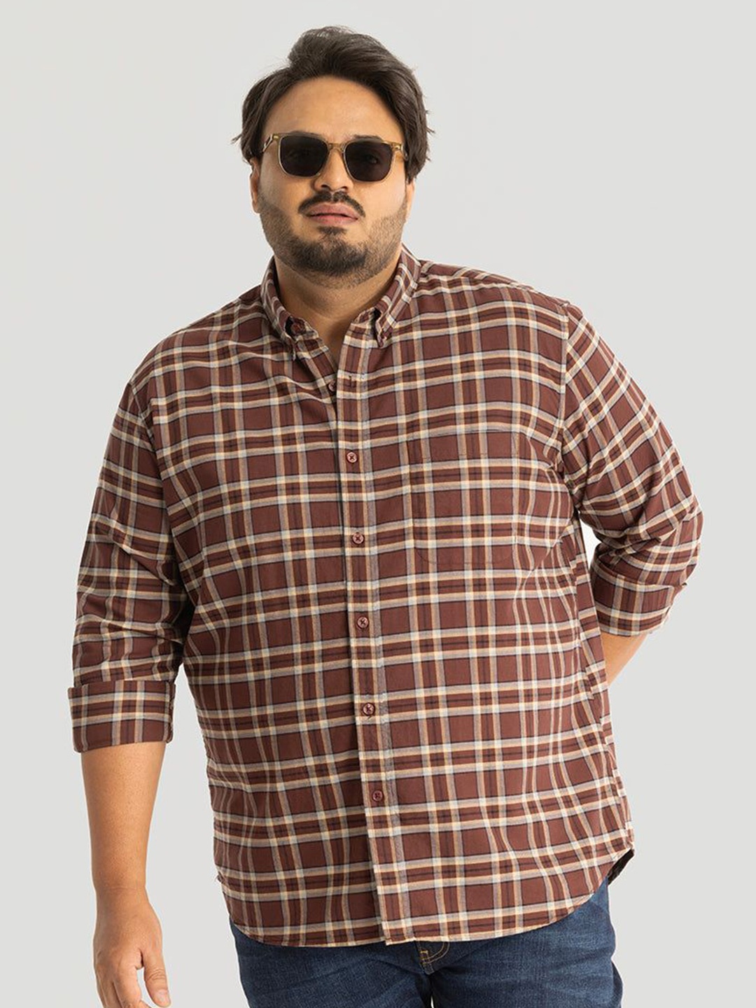 

Snitch Plus Size Men Relaxed Tartan Checks Opaque Checked Casual Shirt, Brown