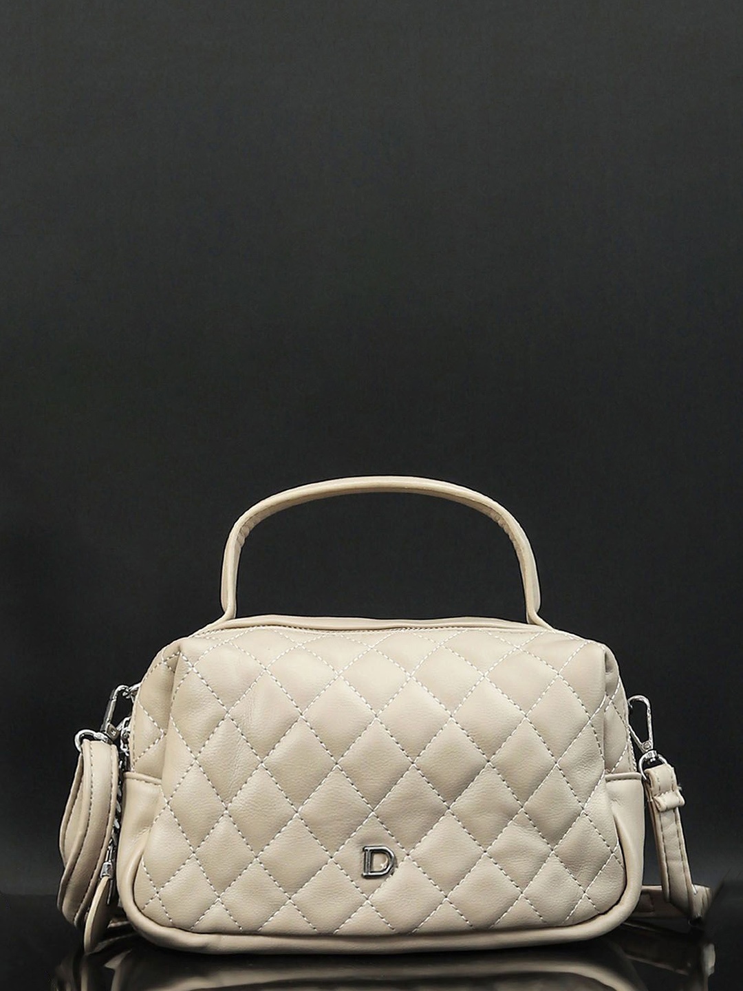 

Bagsy Malone Geometric Checked PU Structured Sling Bag with Quilted, Cream
