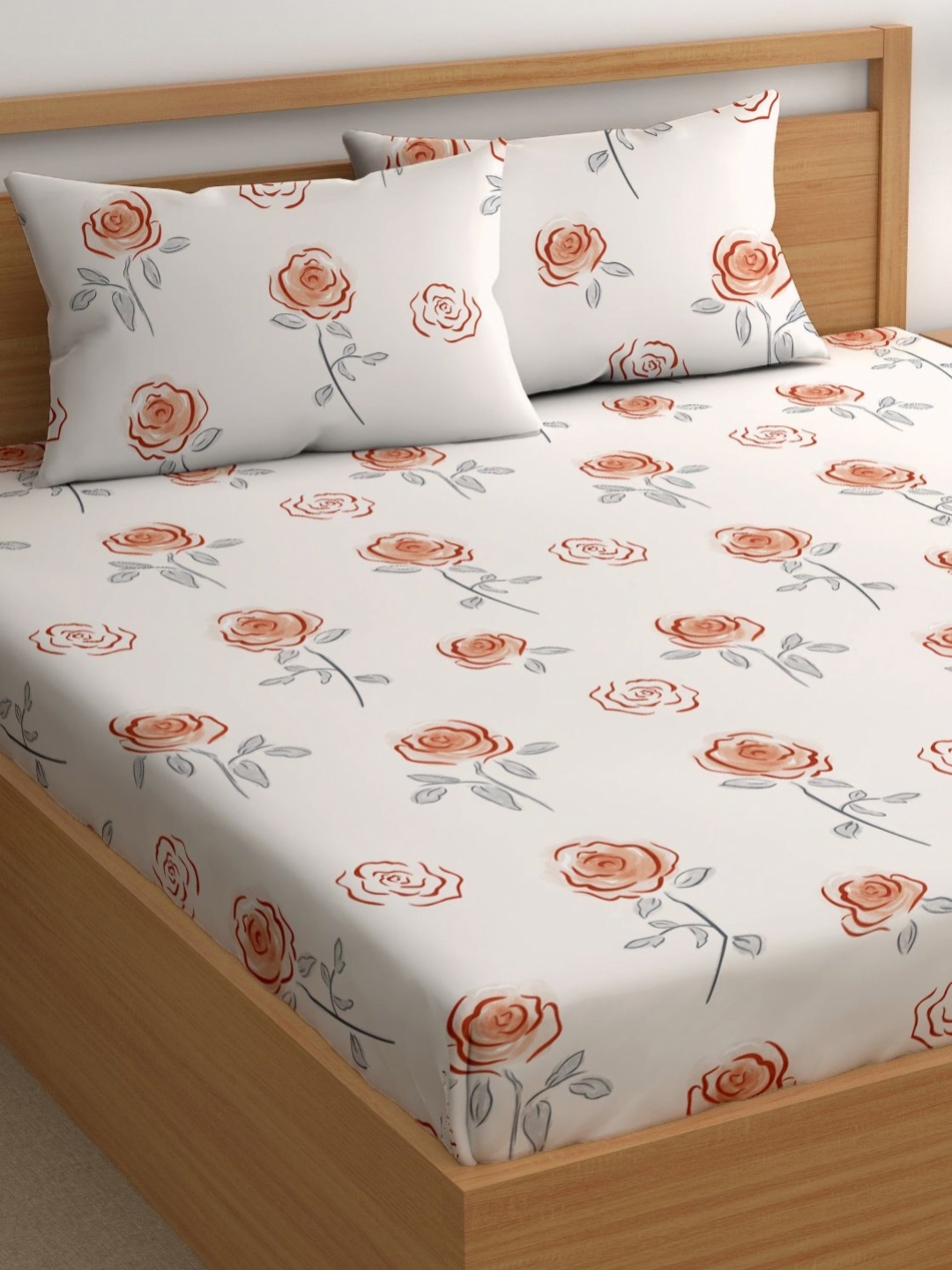 

CHHAVI INDIA Peach-Coloured & White Floral 210 TC Queen Bedsheet With 2 Pillow Covers