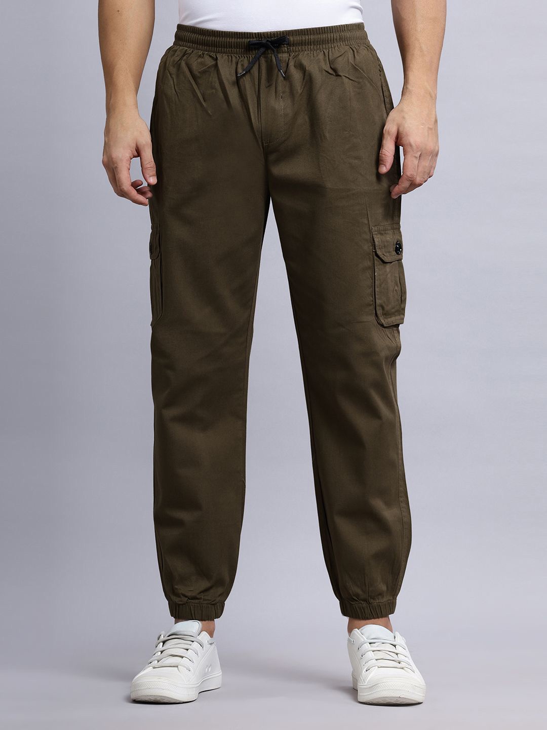

N AND J Men Cotton Mid-Rise Joggers, Brown