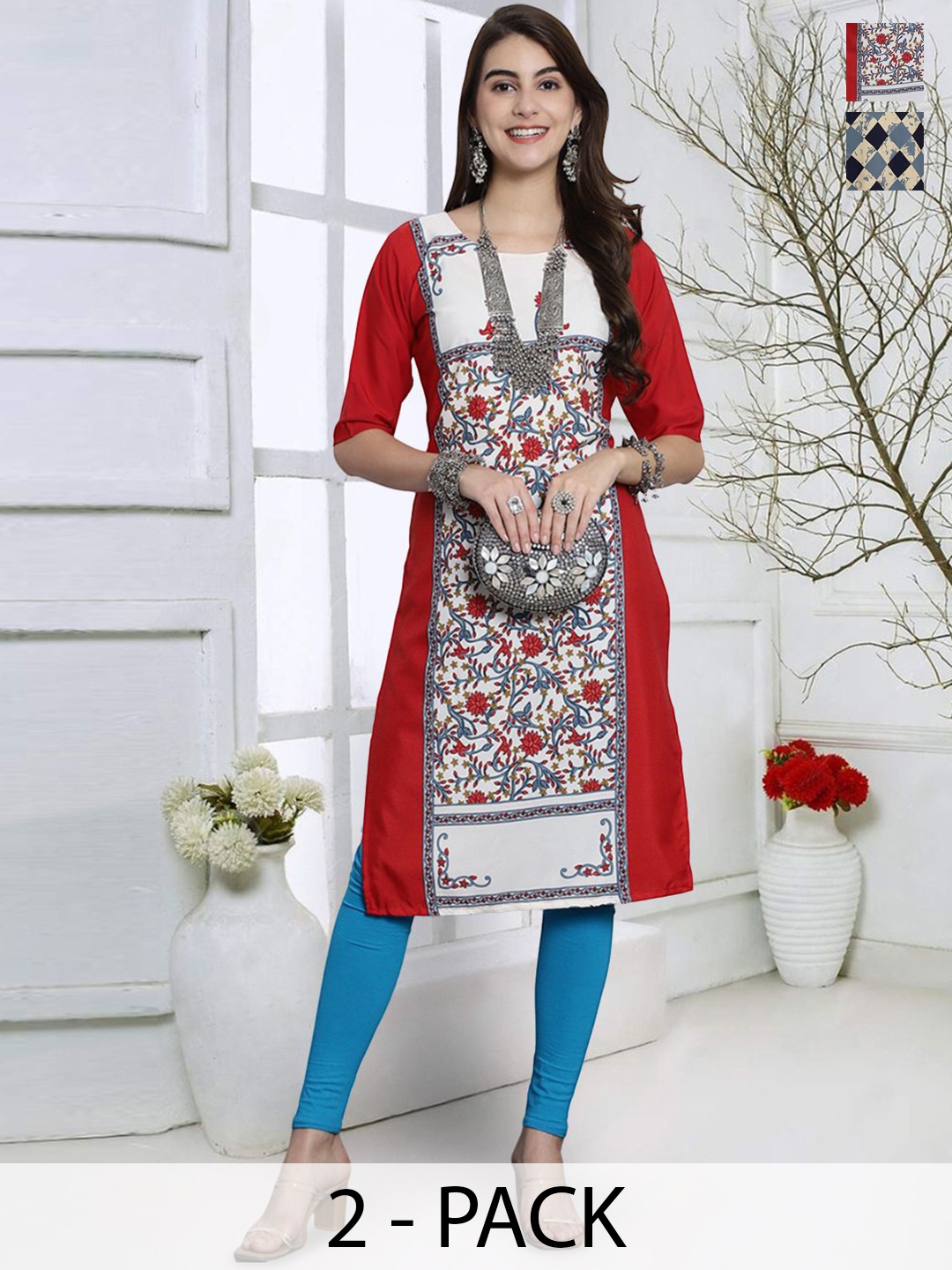 

7Threads Floral Printed Regular Crepe Straight Kurta, Red