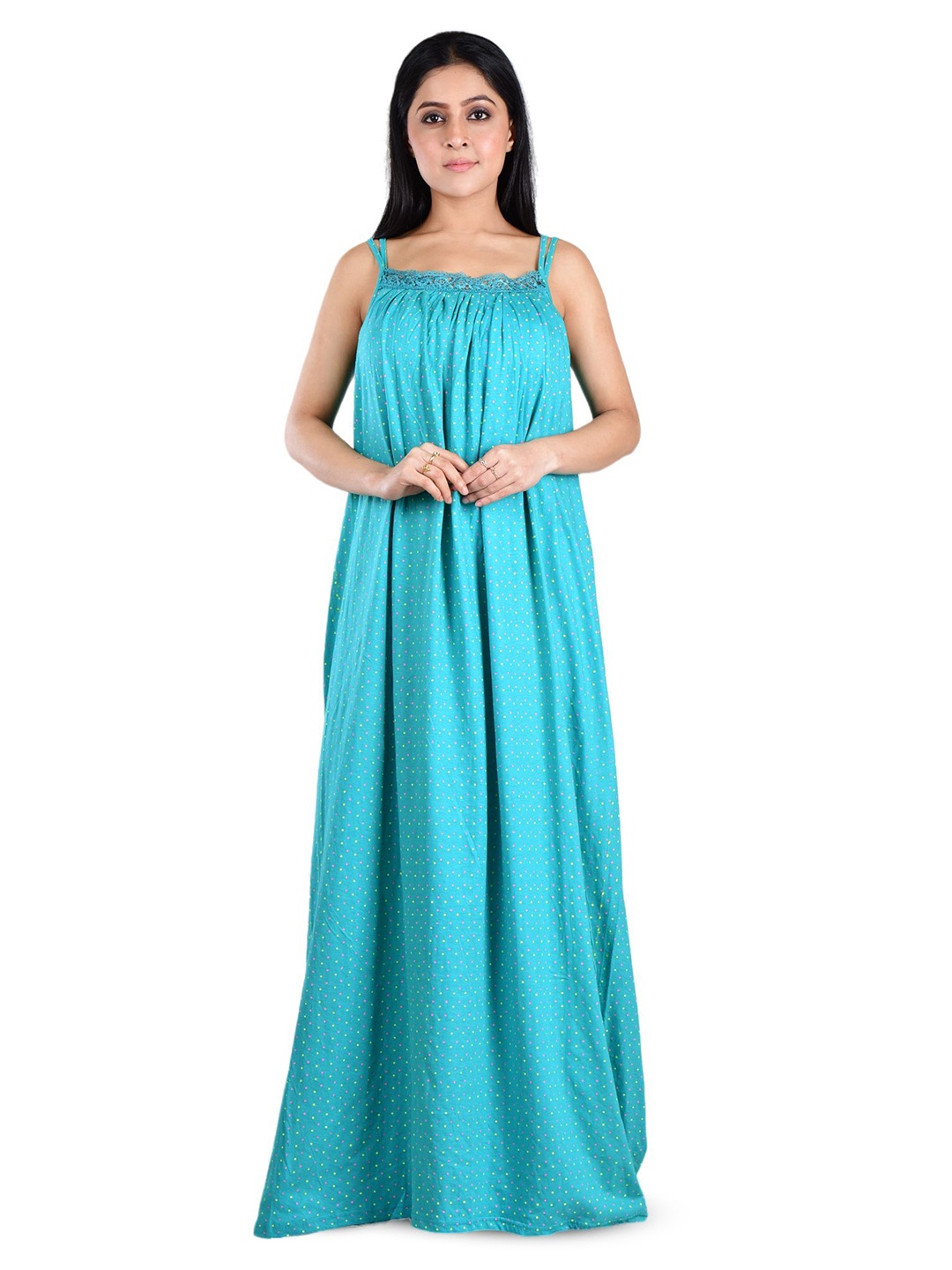 

DUI KONNA Polka Dots Shoulder Straps printed Maxi Nightdress, Sea green