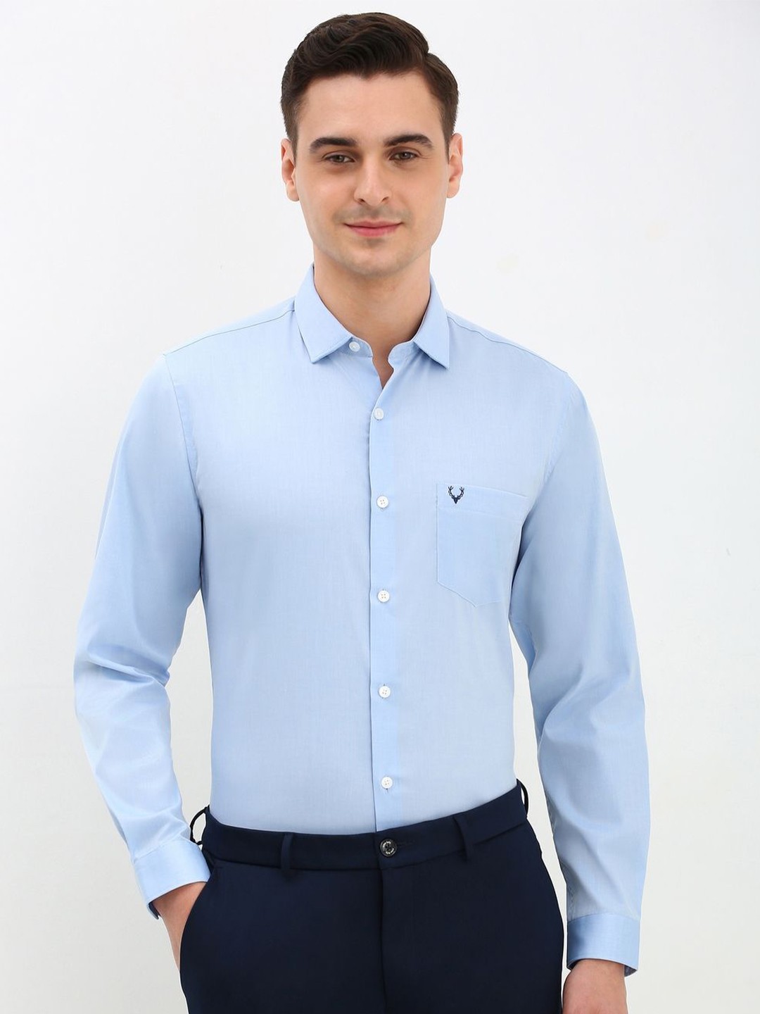 

Allen Solly Men Spread Collar Solid Cotton Slim Fit Formal Shirt, Blue