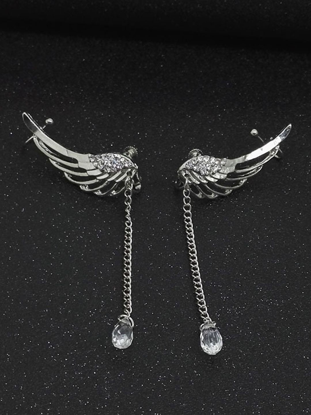 

KRENOZ Silver Plated Angel Wings Crystal Studded Drop Earrings
