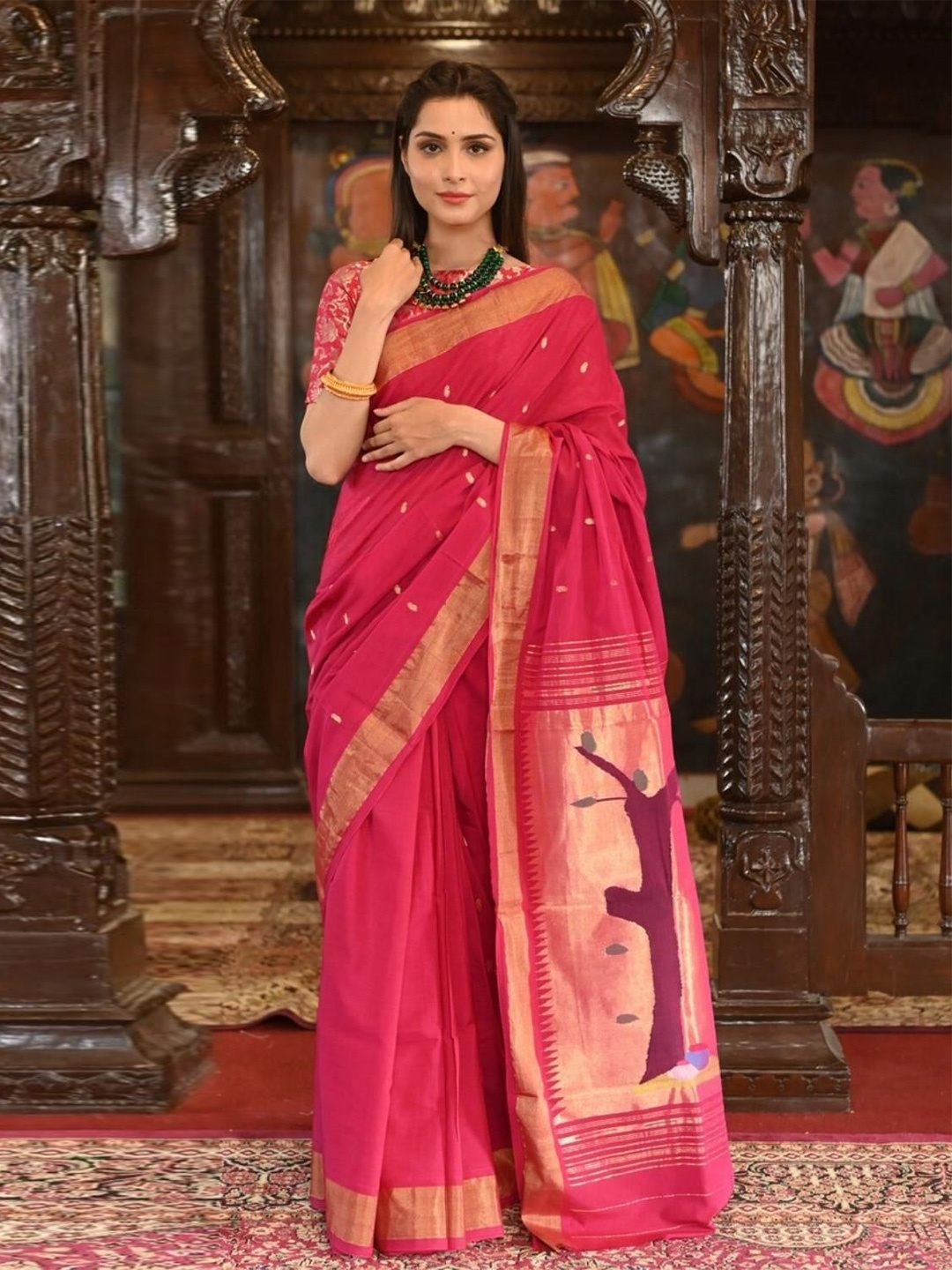 

Very Much Indian Woven Design Pure Cotton Paithani Saree With Zari, Pink