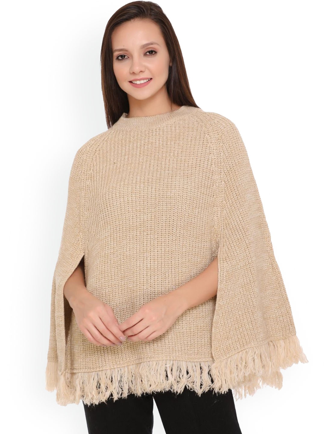 

TWENTY ME Women Woollen Lightweight Poncho Jacket, Beige