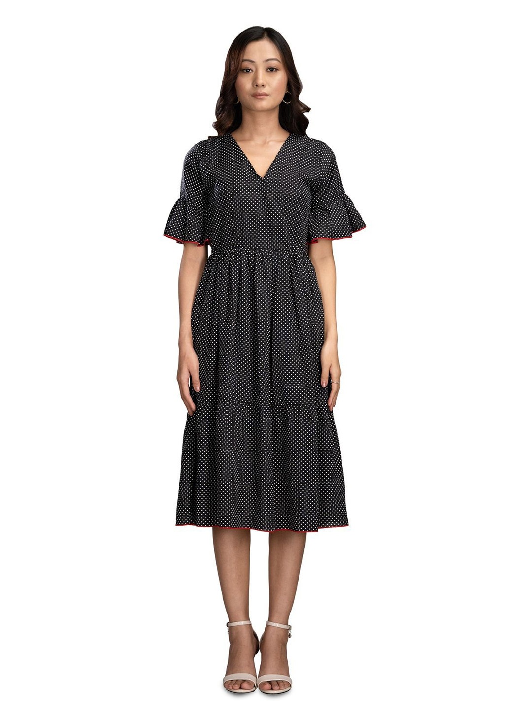 

KRISS-CROX Polka Dots Printed Fit & Flare Midi Dress, Black