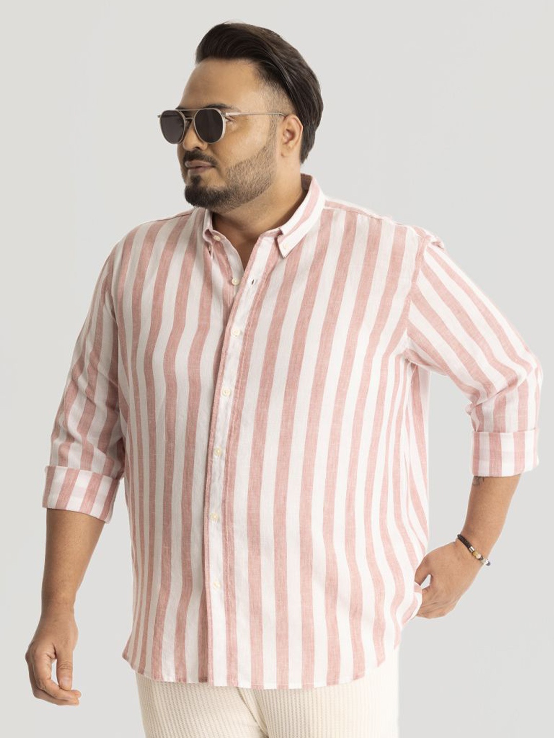 

Snitch Men Plus Size Classic Button-Down Collar Striped Linen Casual Shirt, Coral