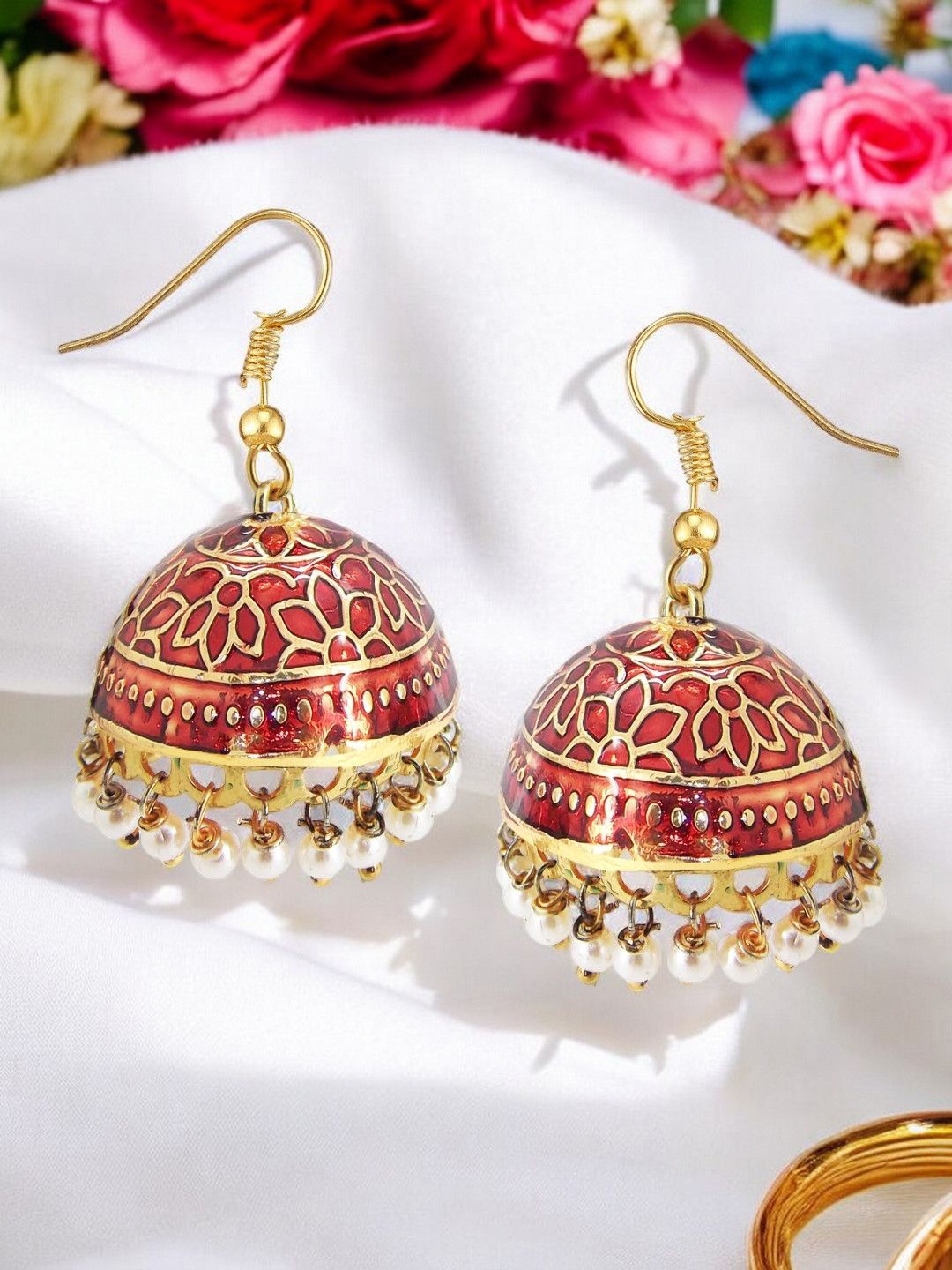 

9blings Gold Plated Dome Shaped Beaded Meenakari Enamelled Jhumkas