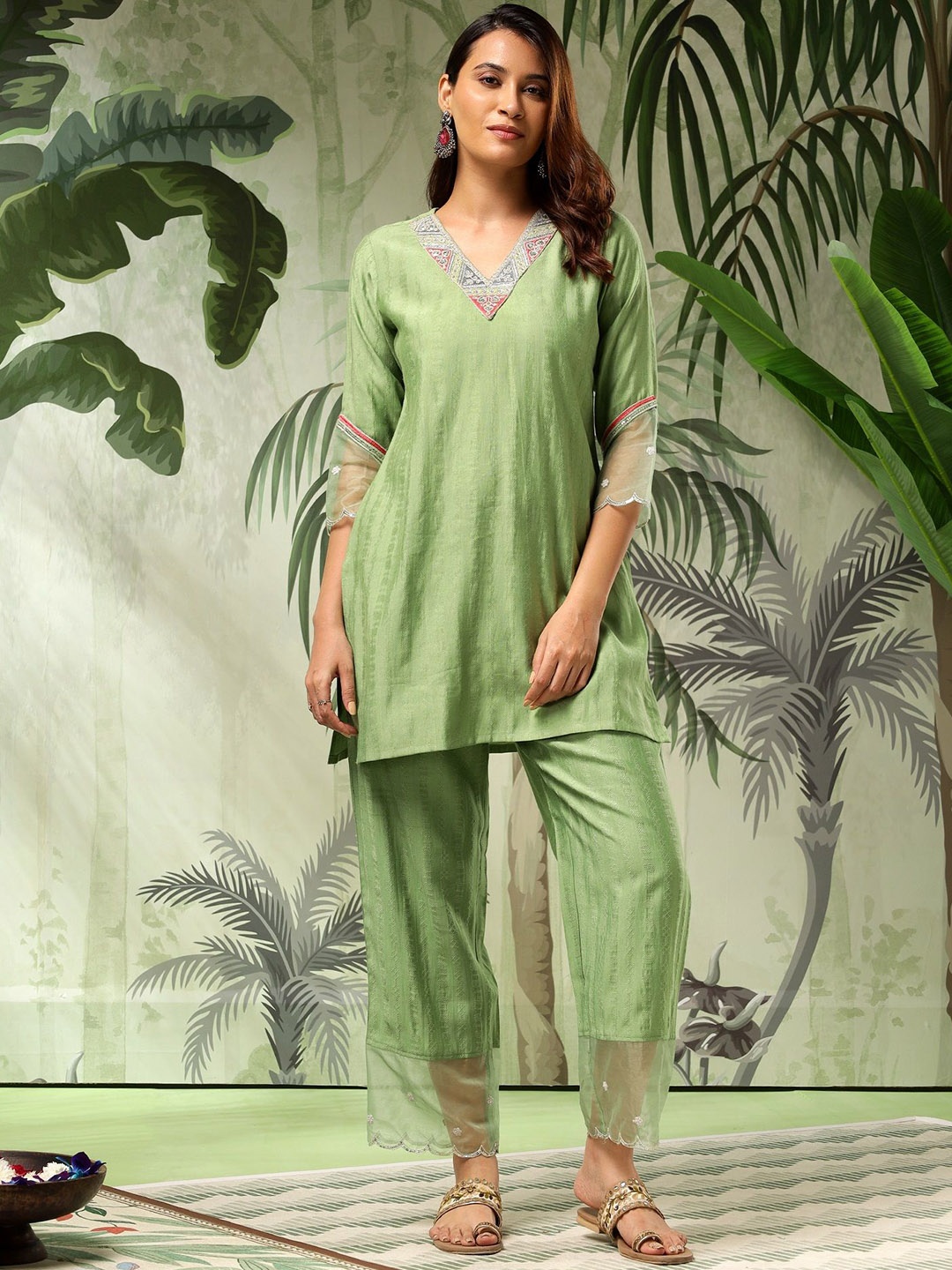 

Bani Women Embroidered Yoke Design V-Neck Tunic With Trousers, Green