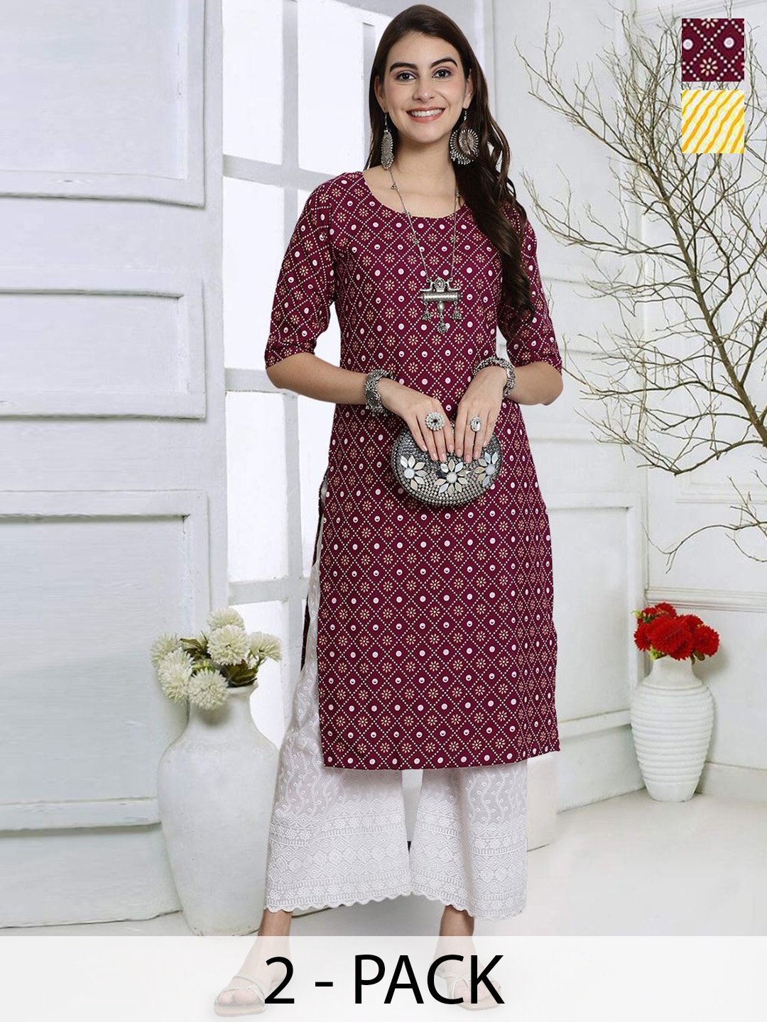 

7Threads Selection Of 2 Floral Printed Round Neck Straight Kurta, Maroon