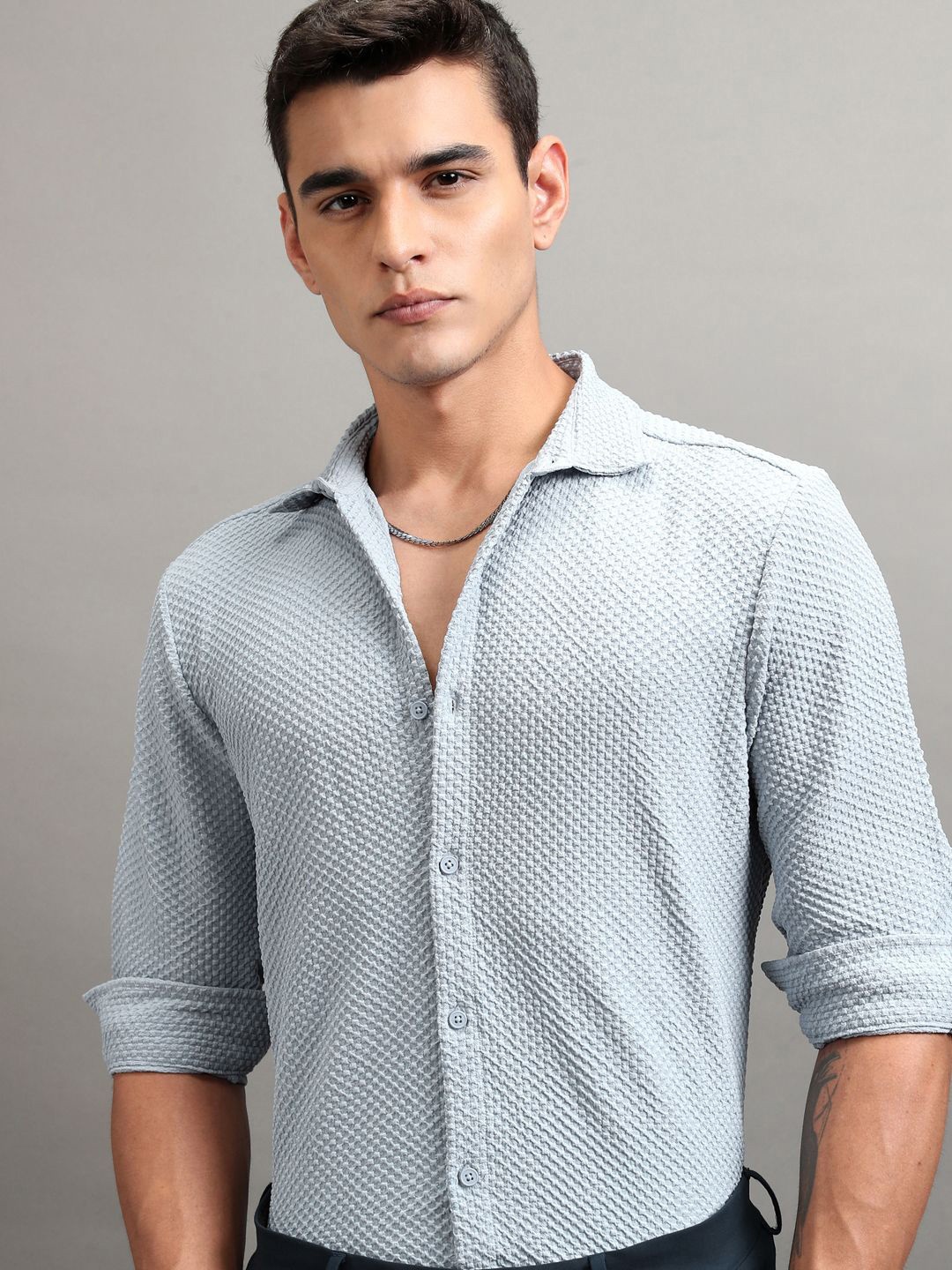 

Highlander Men Popcorn Textured Solid Casual Shirt, Blue