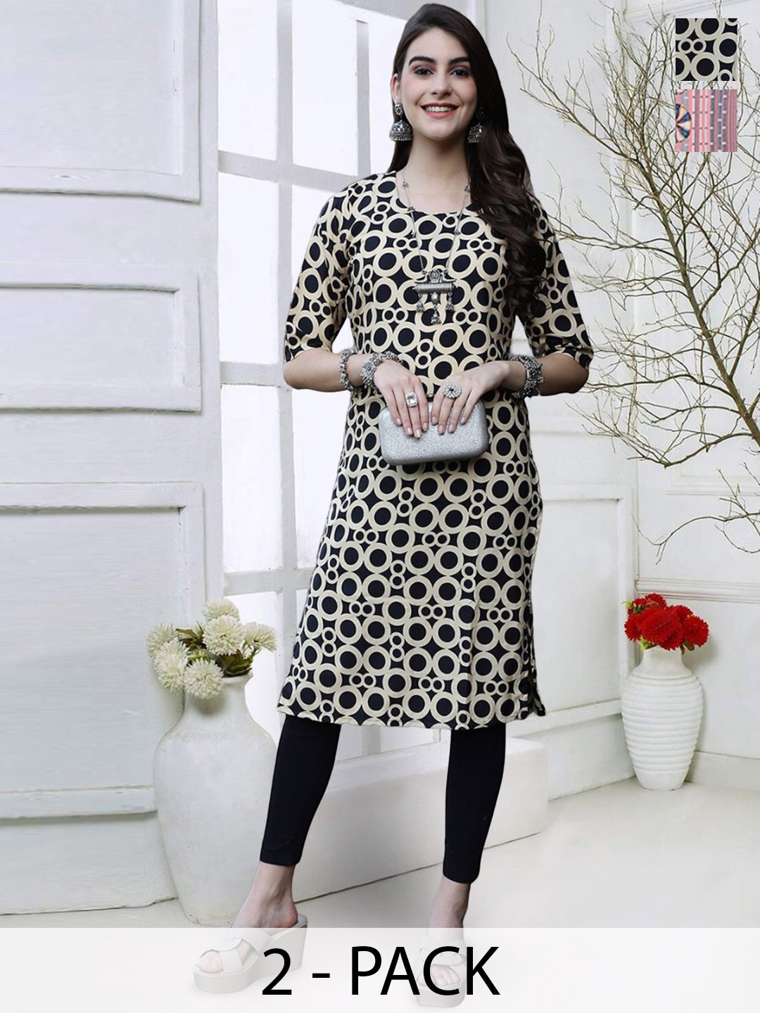 

7Threads Selection Of 2 Geometric Printed Round Neck Straight Kurtas, Pink