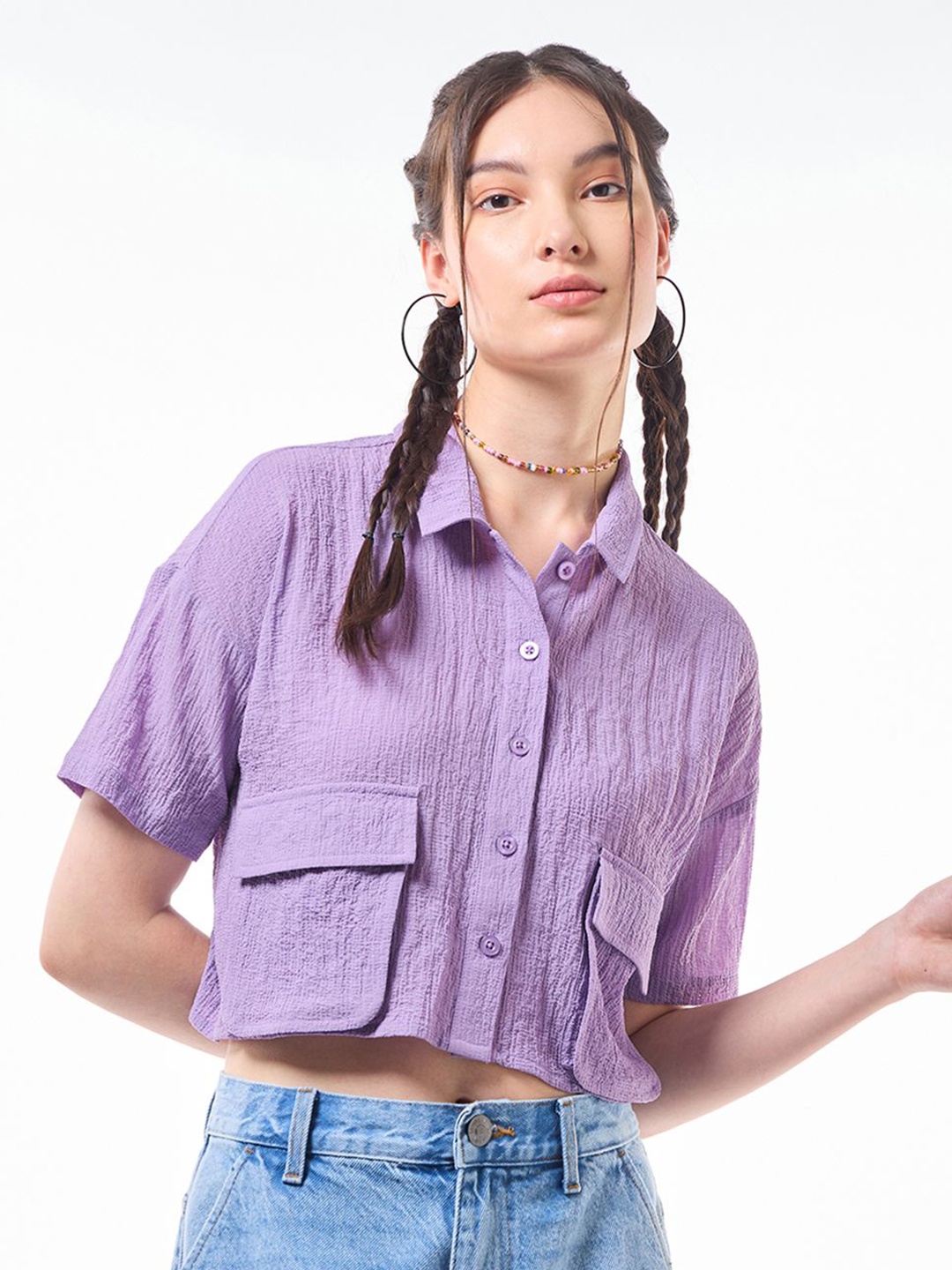 

Bewakoof Women Spread Collar Solid Oversized Casual Shirt, Purple