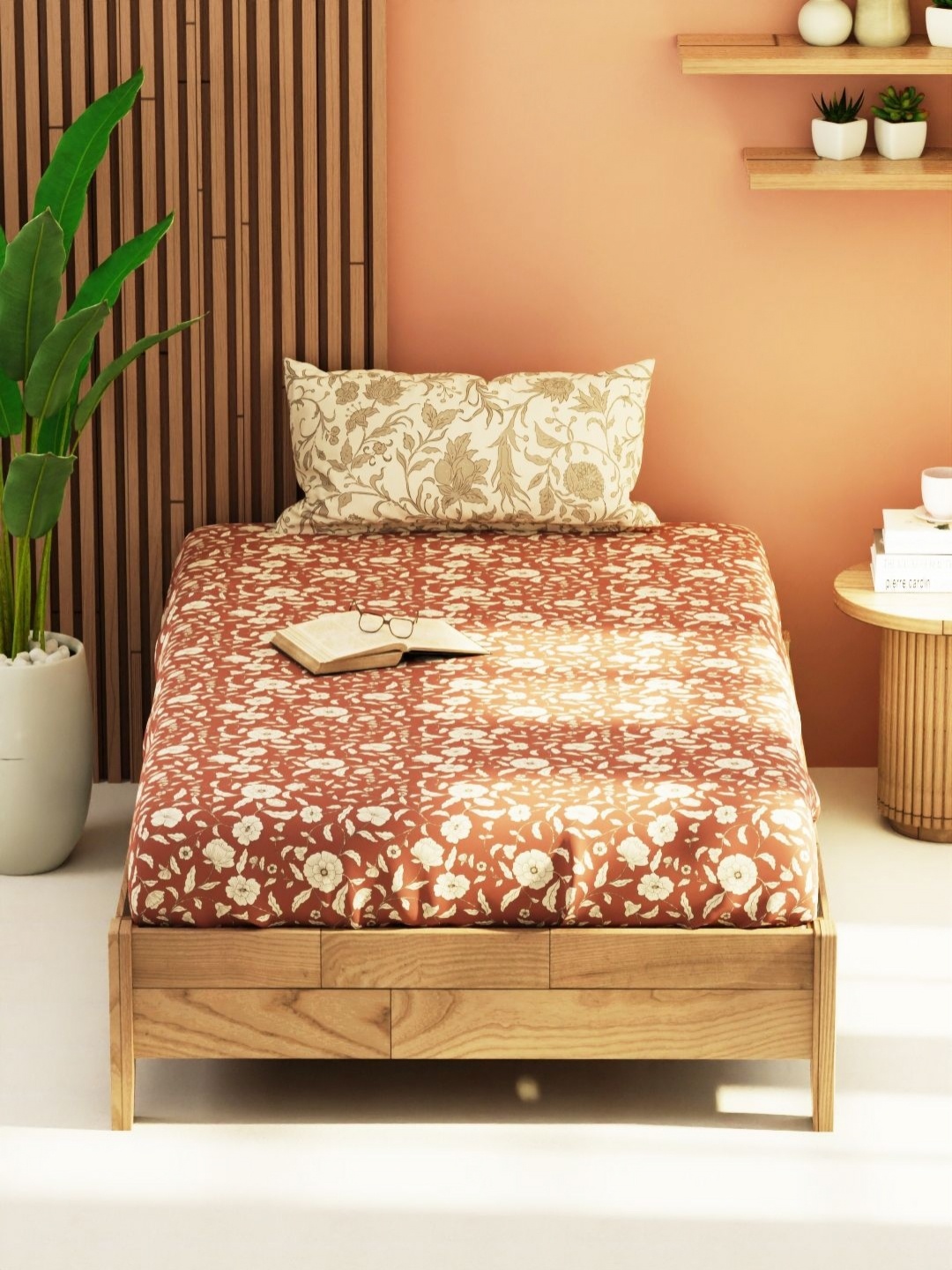 

KOPA Bagator Red & Beige Floral 152 TC Single Bedsheet With 1 Pillow Covers