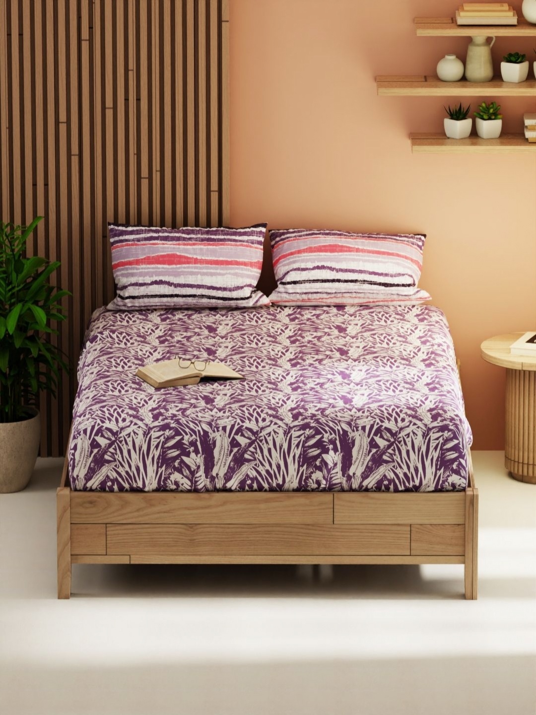 

KOPA Magnolia Lavender & Beige Floral 152 TC Queen Bedsheet With 2 Pillow Covers