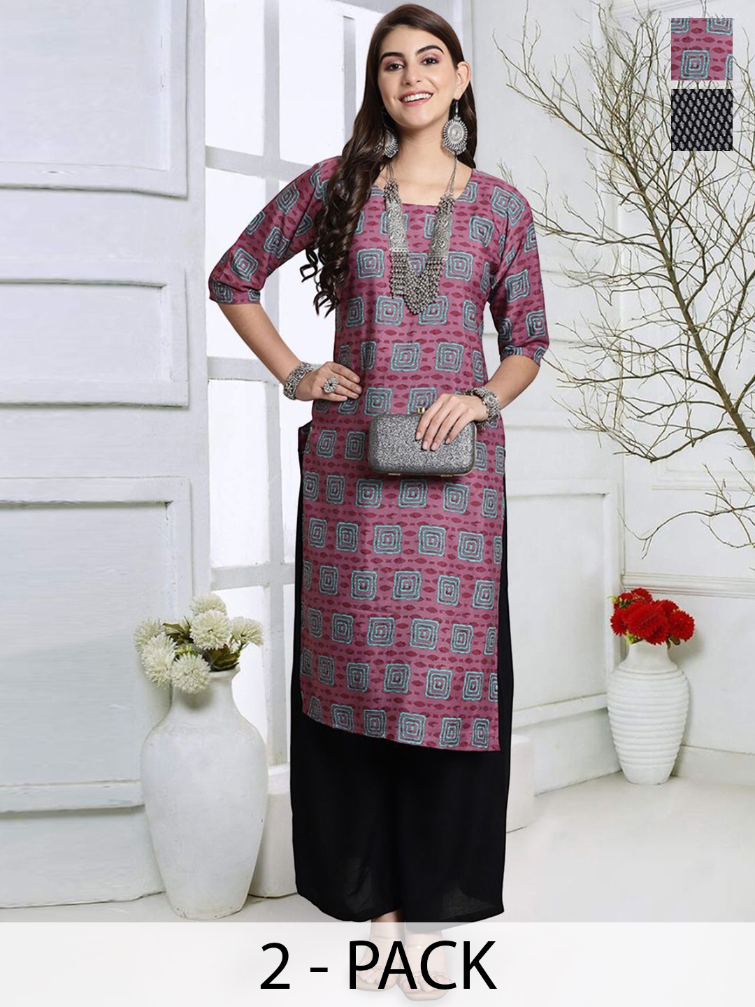 

7Threads Selection Of 2 Geometric Printed Round Neck Straight Kurta, Maroon