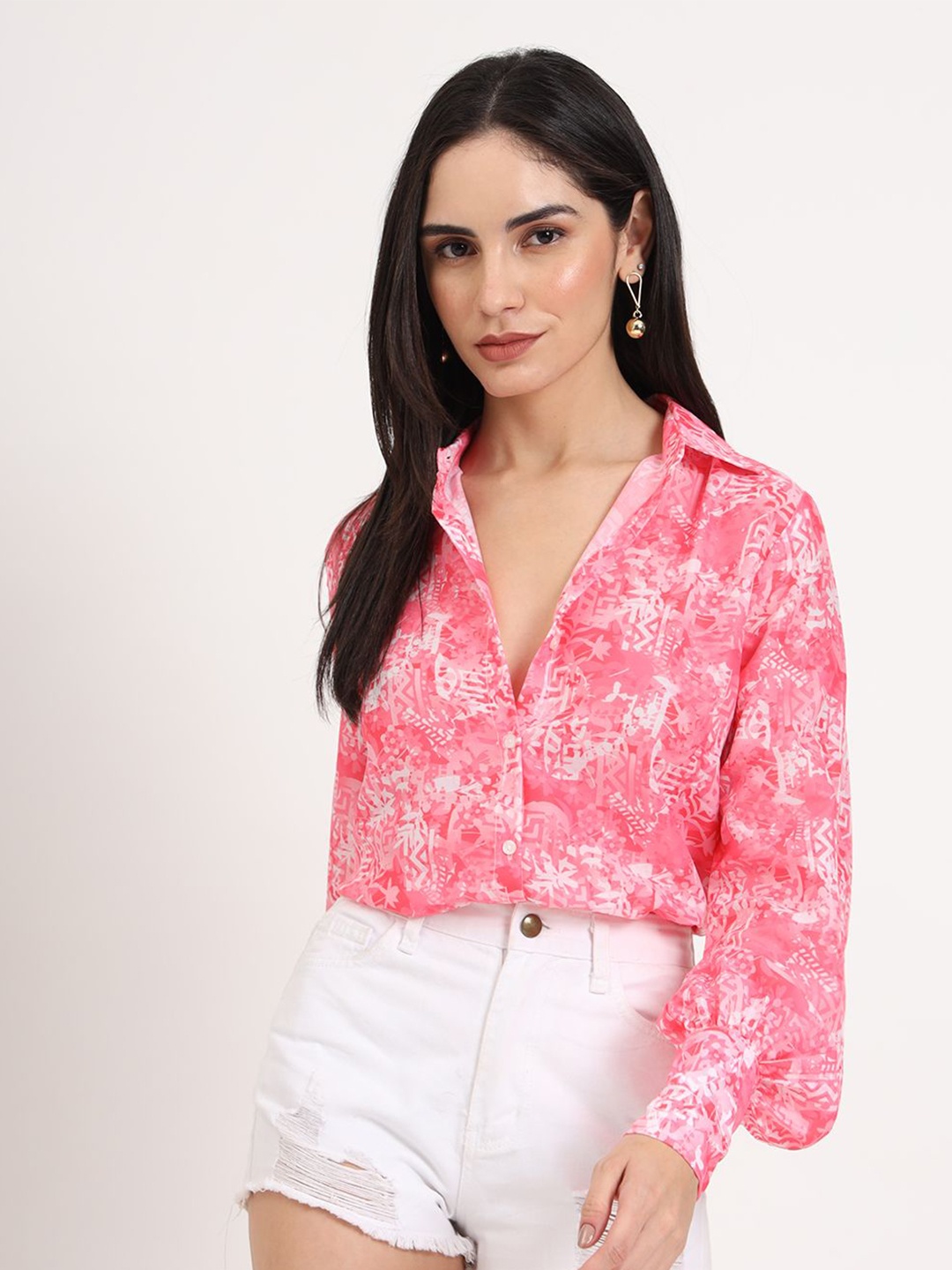 

AMSWAN Women Premium Spread Collar Ethnic Printed Relaxed Fit Casual Shirt, Pink