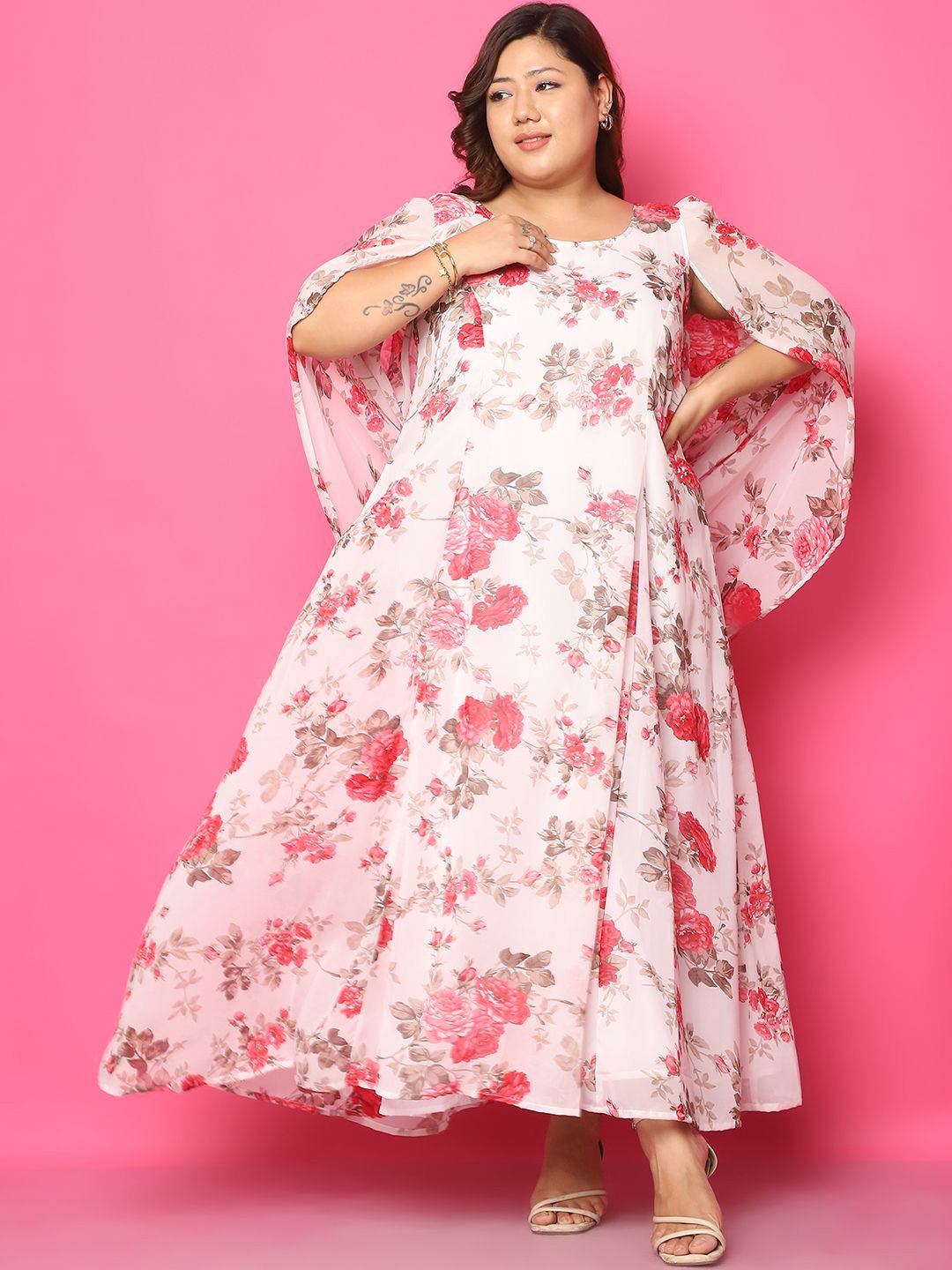 

theRebelinme Plus Size Floral Printed Georgette A-Line Maxi Dress, White