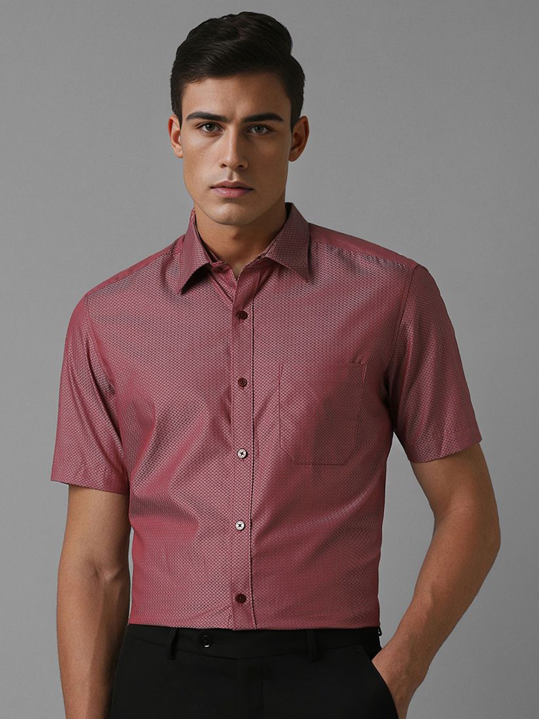 

Louis Philippe Men Spread Collar Solid Cotton Formal Shirt, Maroon