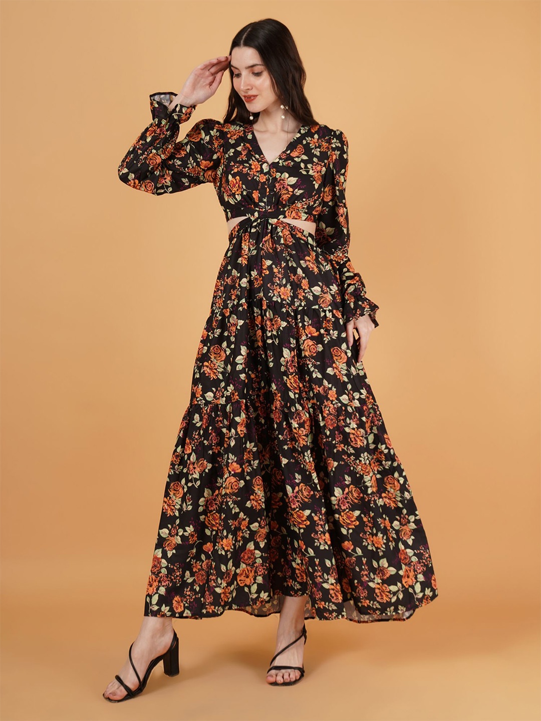 

Kushi Flyer Floral Print Bell Sleeve Crepe A-Line Midi Dress, Black