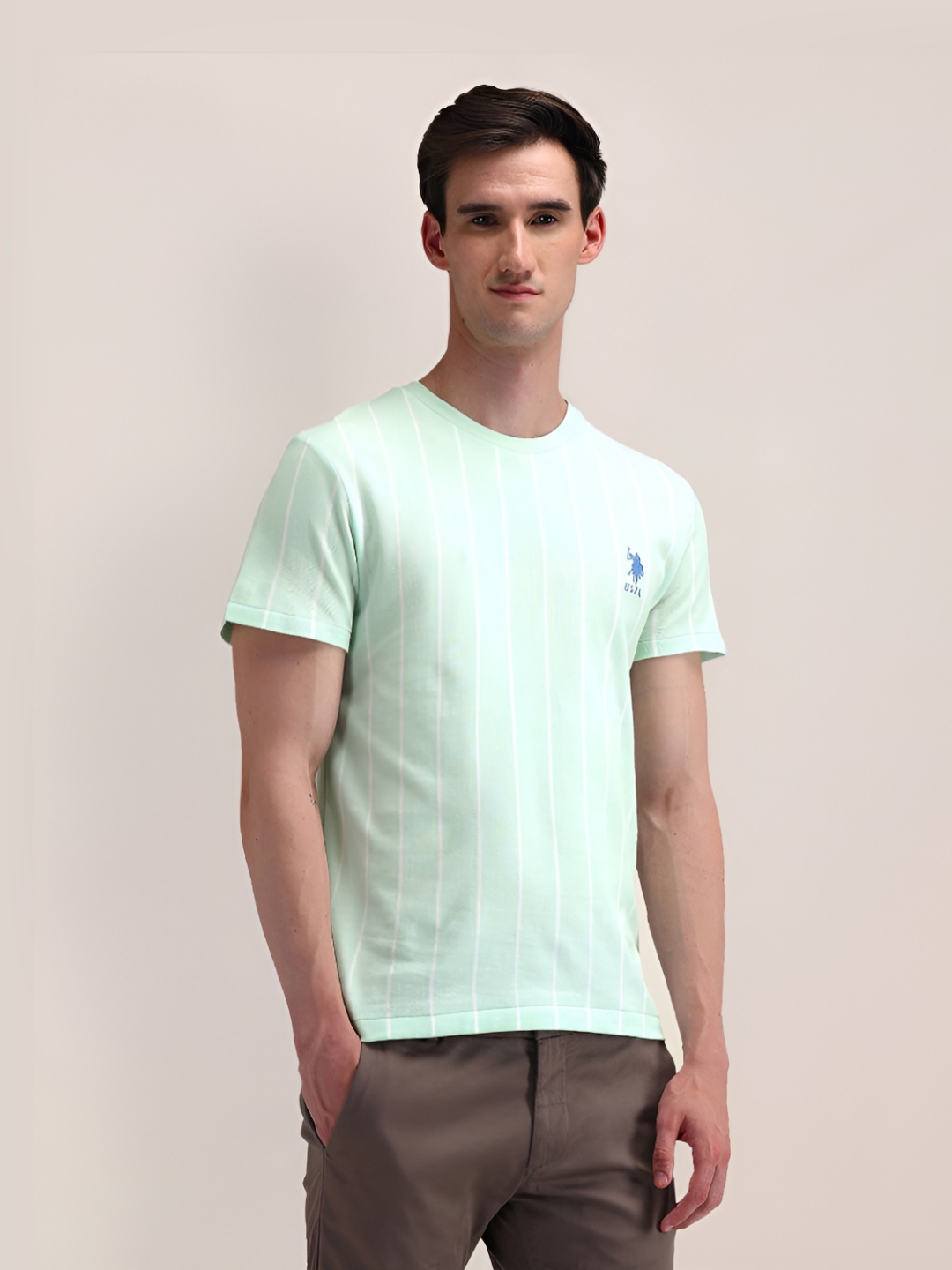 

U.S. Polo Assn. Men Striped Round Neck Cotton Slim Fit T-Shirt, Green