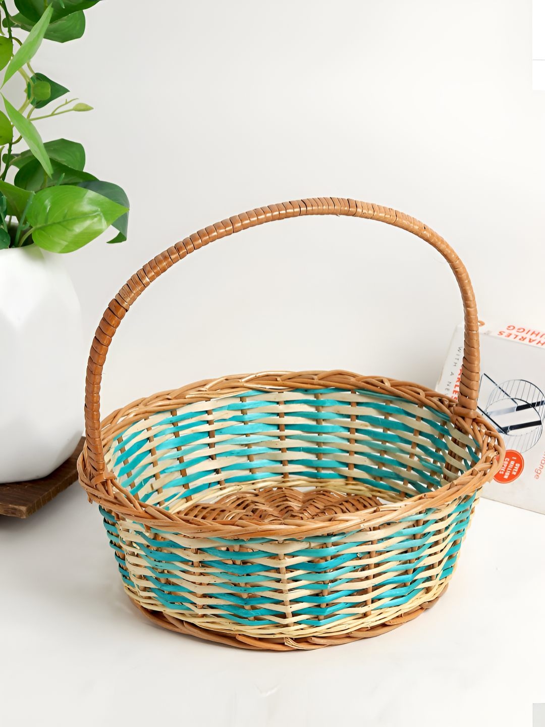 

HABERE INDIA Blue & Brown Textured Bohemian Fruit Basket With Handle