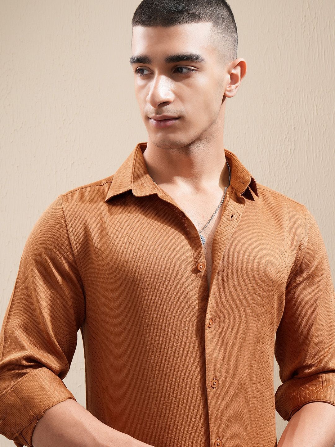 

Highlander Men Dobby Textured Solid Day Occasion Shirt, Brown